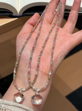 天然彩虹碧玺小米珠锁骨链细项链女轻奢白水晶吊坠淡水珍珠颈饰品