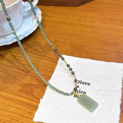 原创设计天然和田玉碧玉沉香无事牌项链女款新中式锁骨链送礼物