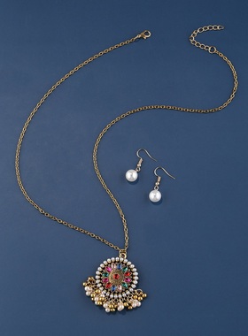 【珠黛饰品】跨境欧美热卖夸张复古民族风铃铛耳钉项链套装 三色