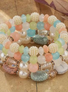 【珠黛饰品】欧美波西米亚多层水晶珠串玻璃珠子多彩手链 六色