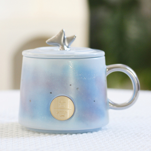 北欧月亮星空网红渐变陶瓷杯定制铜牌马克杯情侣水杯咖啡杯带盖勺