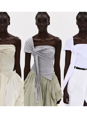 Source Unknown 24夏小众绑带不对称设计露肩纯色薄款背心