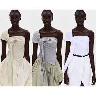 Source Unknown 24夏小众绑带不对称设计露肩纯色薄款背心