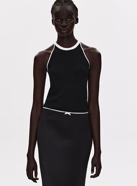 Source Unknown 简约黑白撞色针织修身弹力挂脖工字背心