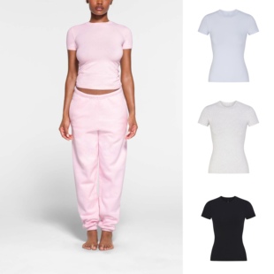 美国代购SKIMS卡戴珊 NEW VINTAGE系列套头修身弹力圆领短袖T恤