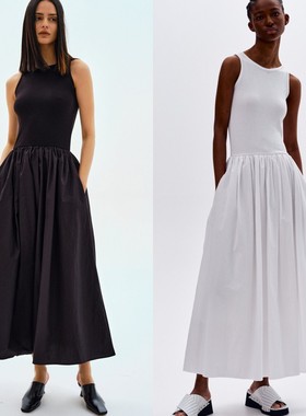 Source Unknown 夏简约气质长款无袖口袋拼接长裙连衣裙