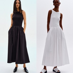 Source Unknown 夏简约气质长款无袖口袋拼接长裙连衣裙