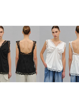Source Unknown缎面垂感深V领蕾丝拼接露背无袖套头背心上衣女夏
