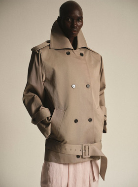 美国代购source unknown翻领中长款双排扣垫肩设计感廓形风衣