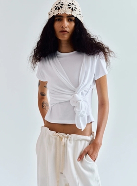 美国代购Source Unknown 春夏绑带打结款修身白色弹力上衣短袖t恤