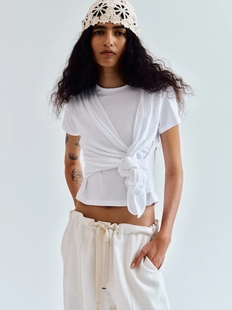 美国代购Source Unknown 春夏绑带打结款修身白色弹力上衣短袖t恤