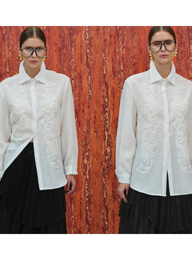 Source Unknown 25春夏 百搭立体刺绣棉麻翻领长袖衬衫女