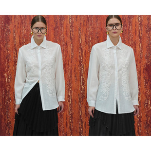 Source Unknown 25春夏 百搭立体刺绣棉麻翻领长袖衬衫女