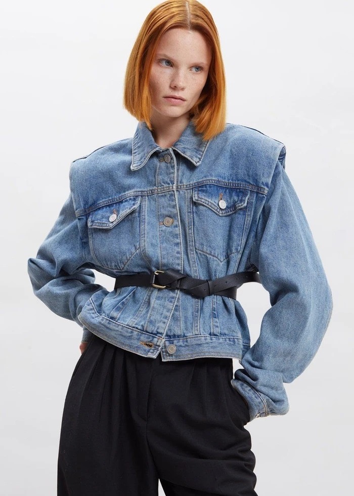 frankie shop纽约代购 23春夏 垫肩长袖做旧牛仔夹克蓝色女外套