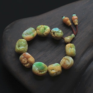 黄加绿翡翠A货18罗汉手串双面糯冰种缅甸玉石佛头手链天然证书 01