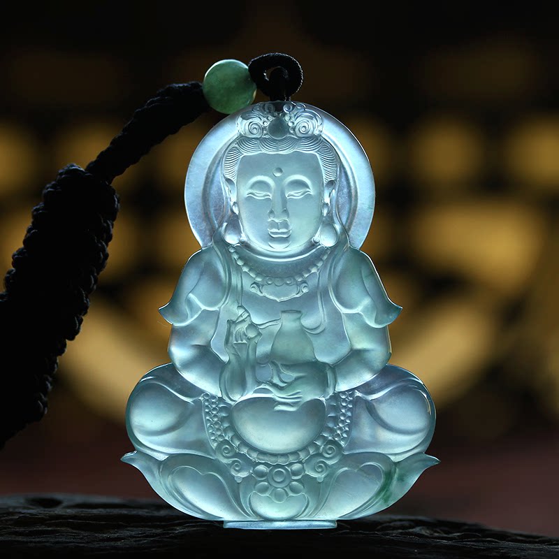 蓝紫翡翠观音挂件吊坠冰玻璃种飘花A货缅甸玉石天然珠宝证书 0878