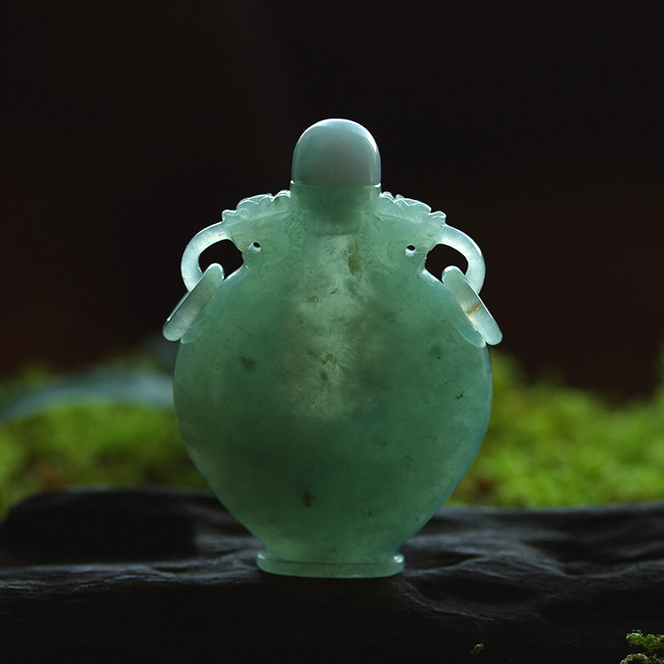 冰种蓝绿翡翠鼻烟壶赏玩件冰种缅甸玉石双龙戏珠天然a货证书 0310