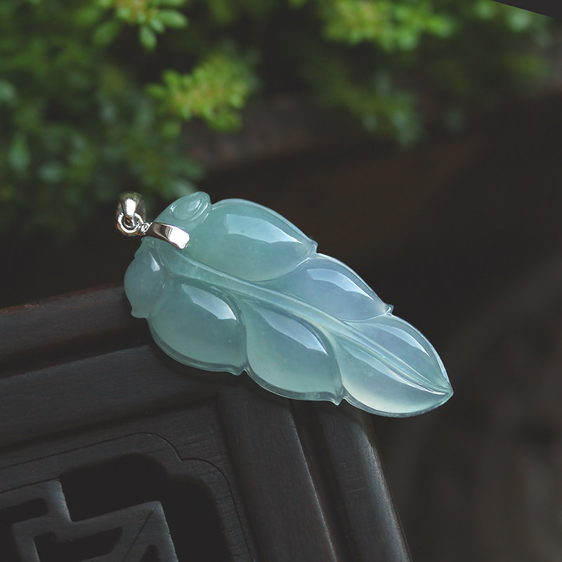 冰种翡翠树叶子挂件吊坠天然a货老坑缅甸玉石18k金扣金枝玉叶0275
