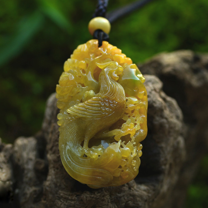 黄加绿鸡油黄翡翠锦鸡挂件锦上添花吊坠花鸟毛衣链A货缅甸玉石339