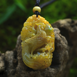 黄加绿鸡油黄翡翠锦鸡挂件锦上添花吊坠花鸟毛衣链A货缅甸玉石339
