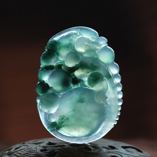 冰种飘蓝花翡翠貔貅大挂件天然A货缅甸玉石吊坠聚宝盆珠宝收藏262