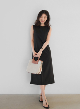 现货！无袖连衣裙长裙黑色肩带连衣裙韩国气质正式职场简约11669