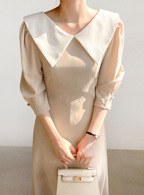 现货！连衣裙春季新品A字裙中长款高腰收腰韩国进口连衣裙11622