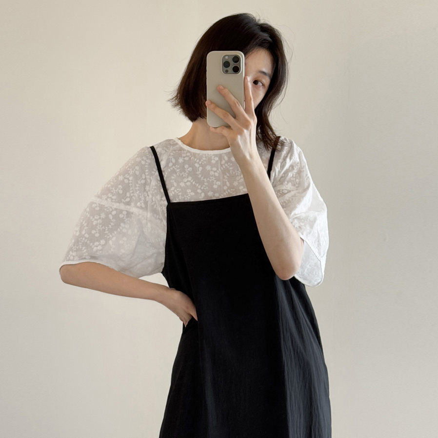 夏季新品凉快韩国直邮简约通勤纯色套头短袖蕾丝衬衫12570