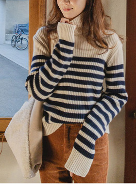 【现货】冬季女装针织衫直筒条纹长袖套头羊毛高领毛衣修身L10795