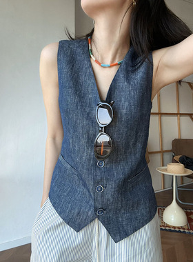 LSD设计2025春夏新款亚麻牛仔马甲女无袖背心棉麻上衣马夹收腰