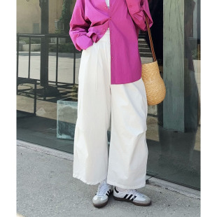 高腰设计感九分腿休闲裤 女白色宽松小个子休闲裤