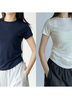 LSD拼接运动瑜伽短袖T恤女修身显瘦收腰褶皱打底衫上衣