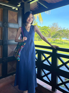 LIMESODA 25春夏新款亚麻斜裁拼接无袖克莱因蓝连衣裙女海岛长裙