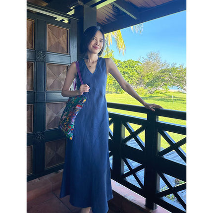 LIMESODA 25春夏新款亚麻斜裁拼接无袖克莱因蓝连衣裙女海岛长裙