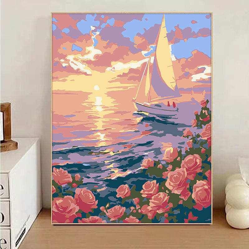 DIY数字油画帆船海景玫瑰花装饰画手工涂色画带框
