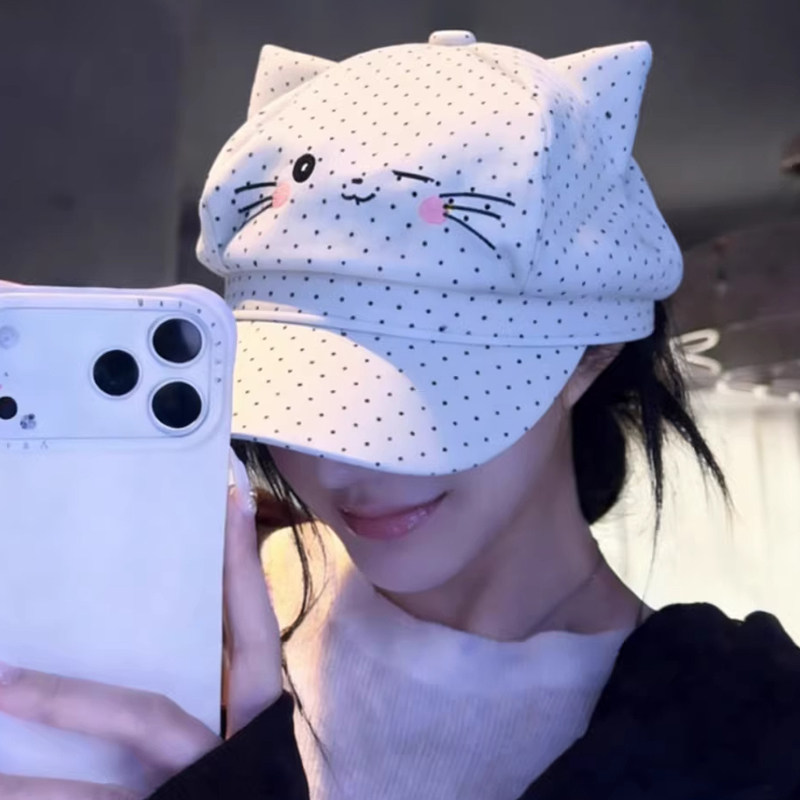 韩系波点猫咪八角防晒显脸小帽