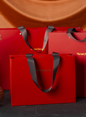 Ins风红色礼品袋加厚高档手提袋纸袋喜庆订婚结婚礼物包装袋定制