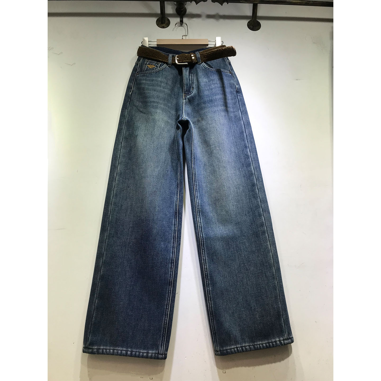 加厚复合绒直筒裤女刺绣牛仔裤