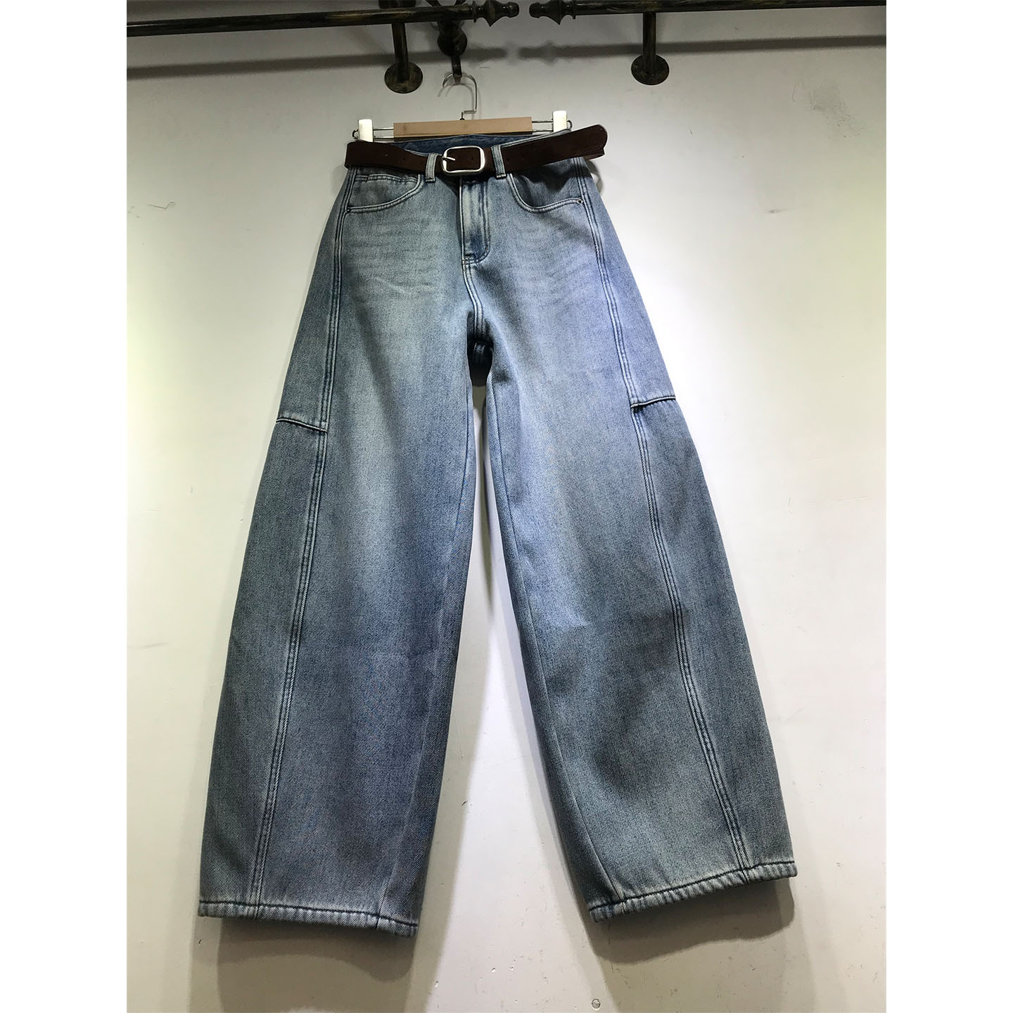 加厚复合绒弯刀裤女拖地牛仔裤