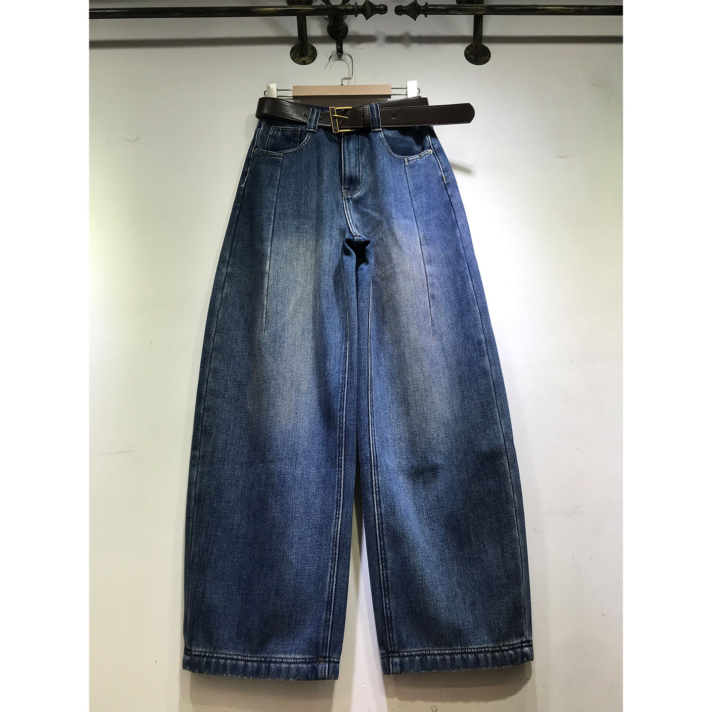 加厚复合绒弯刀裤女拖地牛仔裤