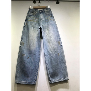 E野视角油漆点弯刀裤女2026年春季拖地牛仔裤袋口刺绣阔腿裤61239