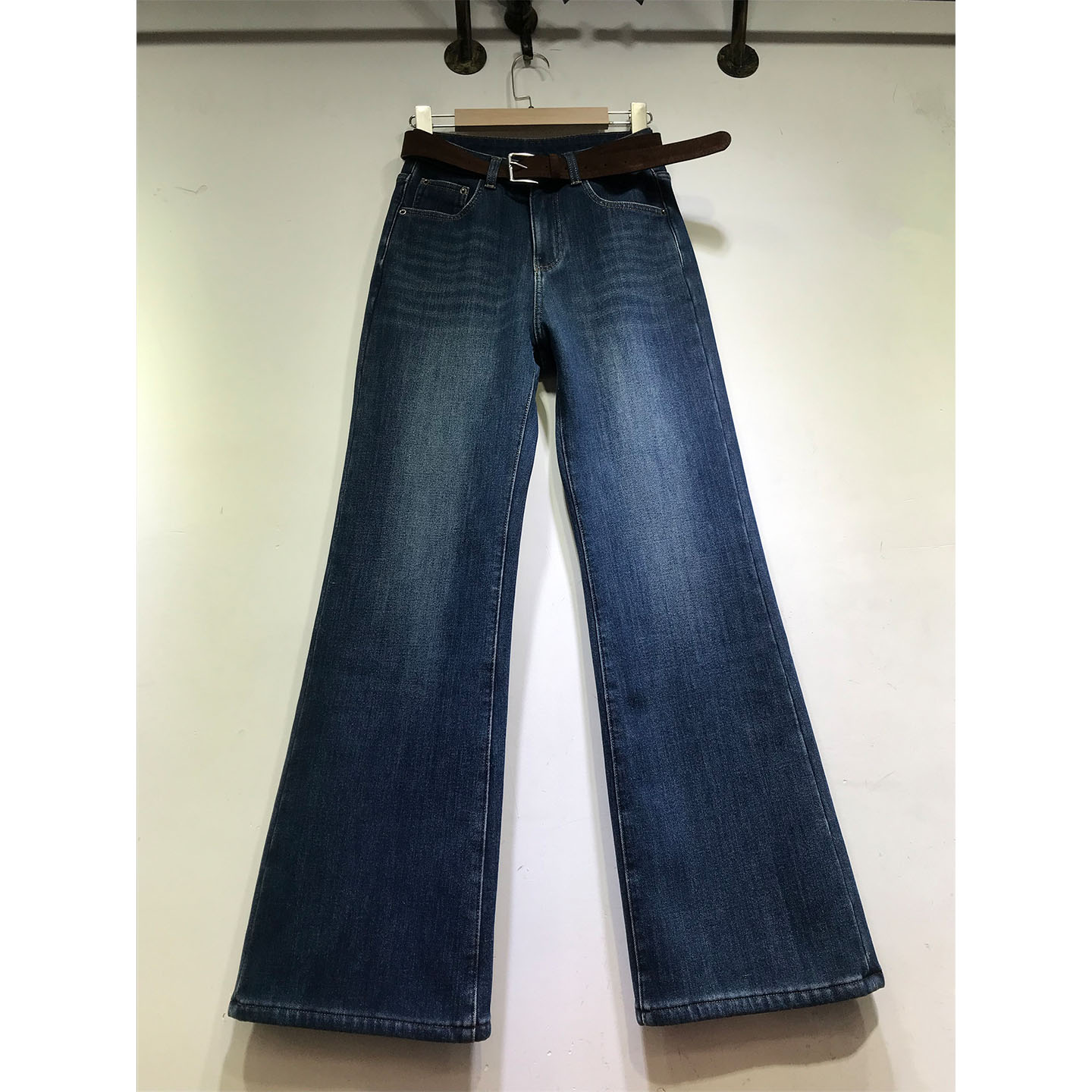 加厚复合绒微喇叭裤女牛仔裤长裤