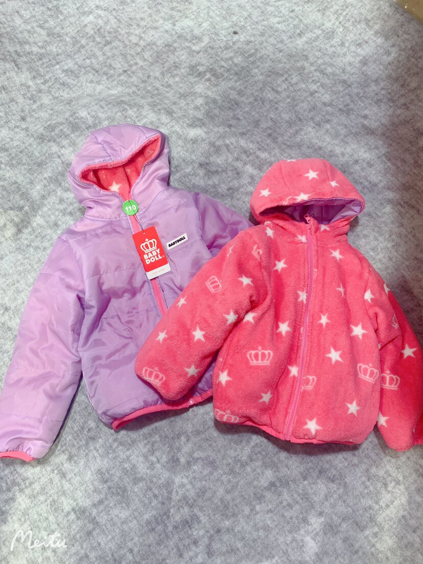 日本订单babydoll男女童连帽两面穿珊瑚绒外套