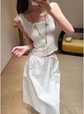 韩国小众品牌LC亚麻蕾丝边针织无袖背心