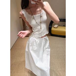 韩国小众品牌LC亚麻蕾丝边针织无袖 背心