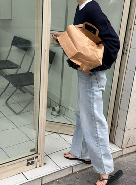 韩国东大门outfit【三眼万年】自由剪裁宽版牛仔长裤