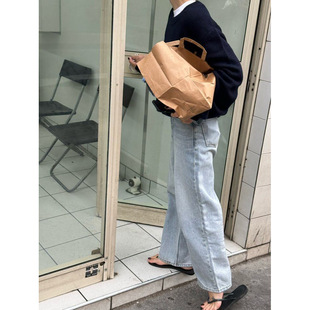 韩国东大门outfit【三眼万年】自由剪裁宽版牛仔长裤