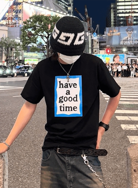 576-have a good time 红色大印花圆领宽松休闲短袖T恤