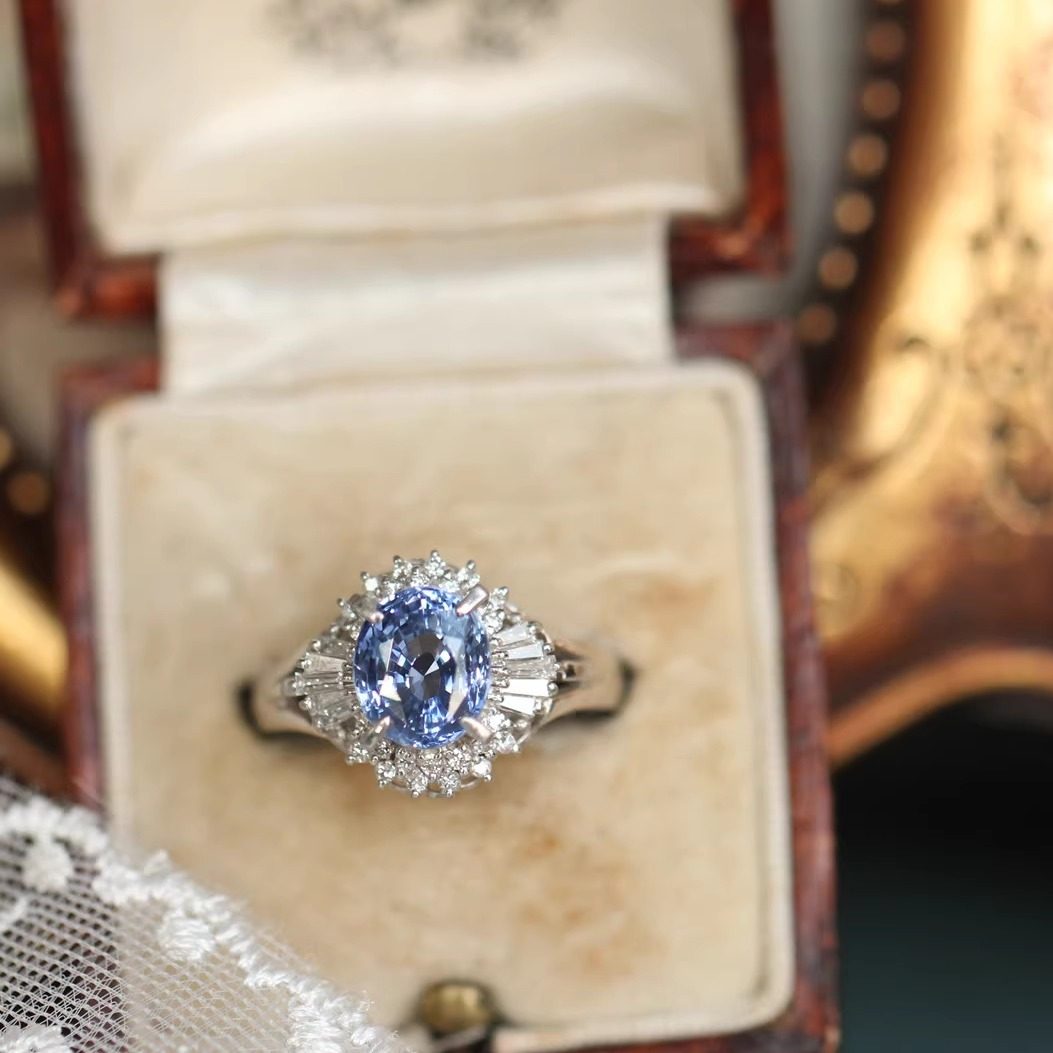 翎舞珠宝 孤品蓝宝石pt900铂金钻石戒指