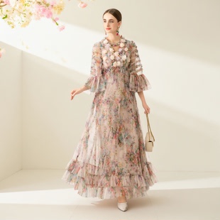 Women's Dress立体花朵礼服2027走秀款喇叭袖网纱印花大摆连衣裙